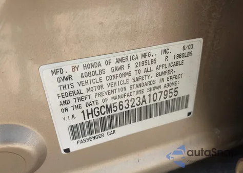 2003 Honda Accord 2.4 Lx z USA, uszkodzony, nr VIN 1HGCM56323A107955